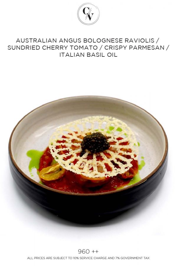 Caviar Cafe : AUSTRALIAN ANGUS BOLOGNESE RAVIOLIS /  SUNDRIED CHERRY TOMATO / CRISPY PARMESAN / ITALIAN BASIL OIL