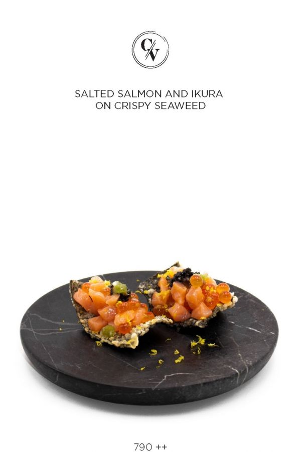 Caviar Cafe : SALTED SALMON AND IKURA ON CRISPY SEAWEED